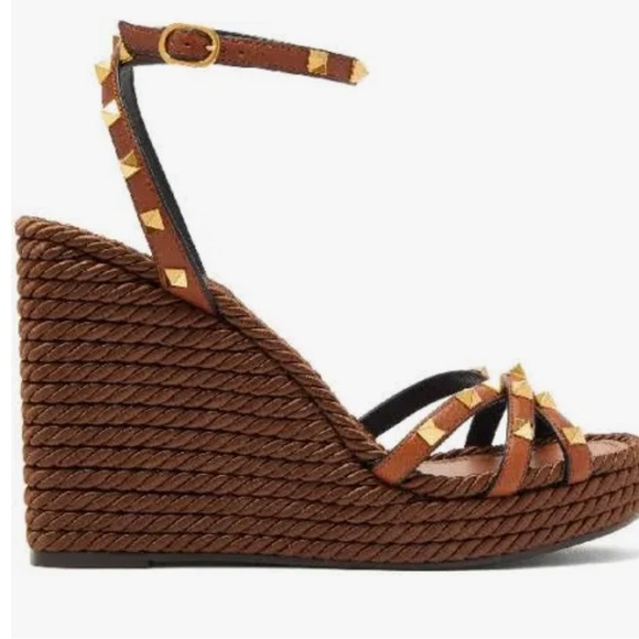 Valentino Shoes - Valentino Brown Leather Rope Wedge Sandals with Gold Studs